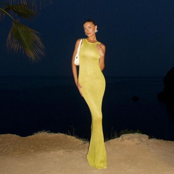 Asta Resort Natalia Dress - Chartreuse Sequins yellow green sheer maxi bodycon - Picture 6 of 6